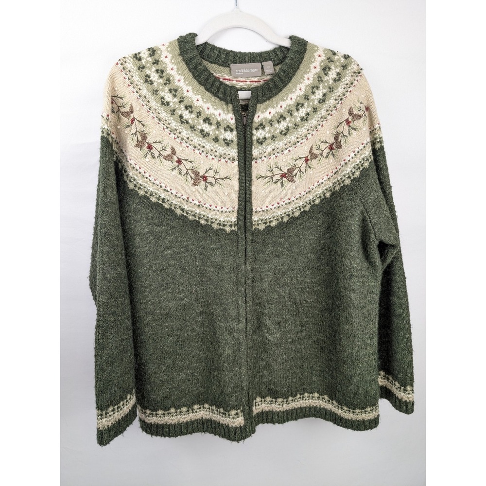 Vintage Fair Isle Silk Wool Embroidered Zip Sweater Sz 1X Green Nordic Christmas